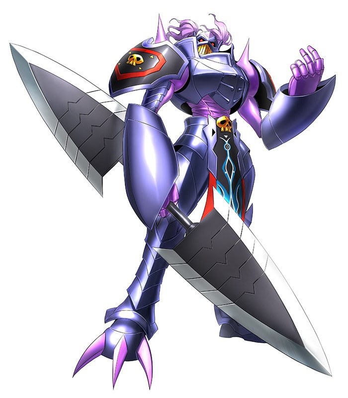 armor bandai craniamon digimon digimon_story:_cyber_sleuth full_armor horns monster no_humans official_art royal_knights simple_background solo weapon yasuda_suzuhito