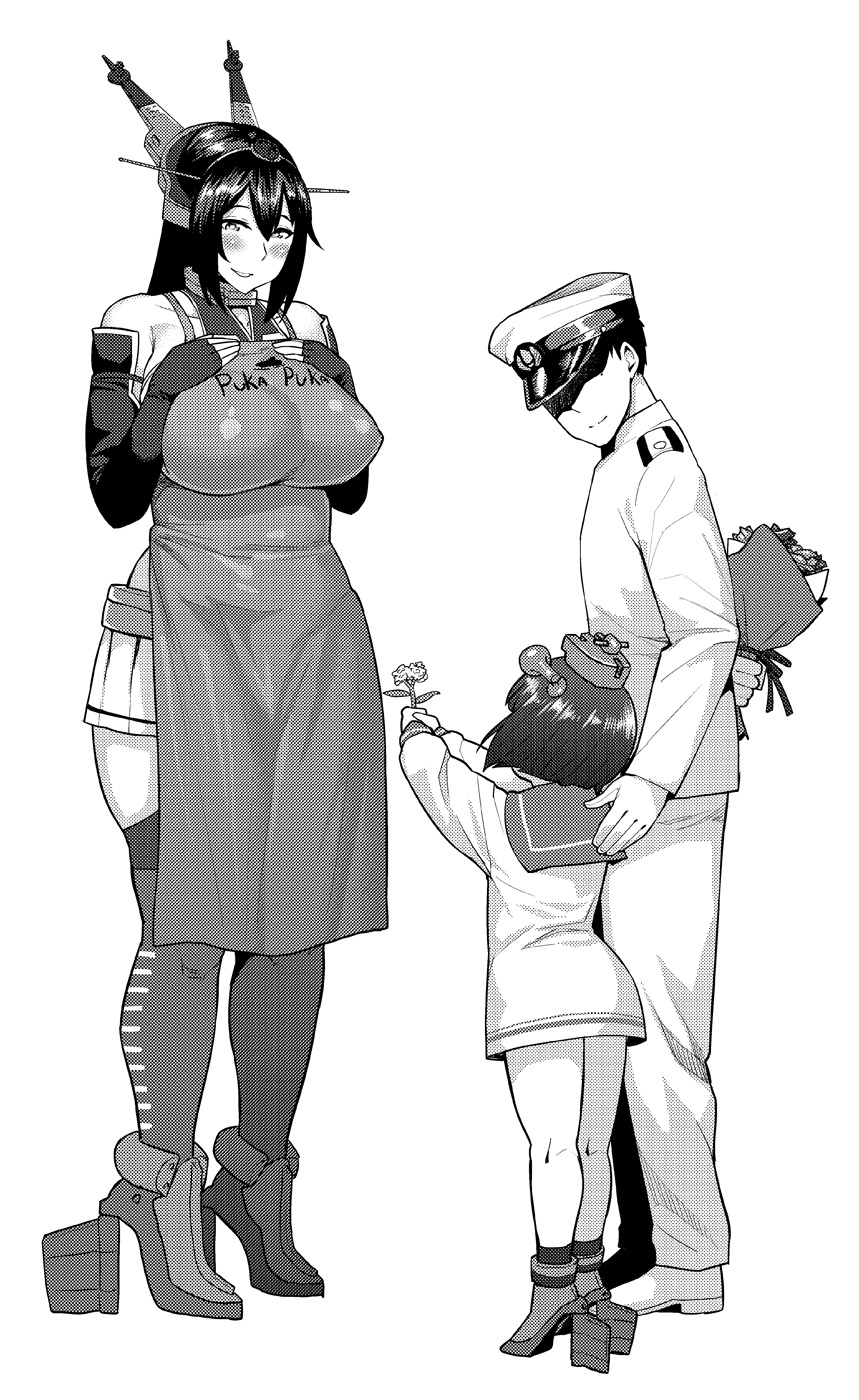 1boy 2girls admiral_(kantai_collection) apron bare_shoulders black_hair blush bouquet breasts dress erect_nipples flower hair_ornament headgear highres kantai_collection large_breasts long_hair monochrome mother's_day multiple_girls nagato_(kantai_collection) plump sailor_dress short_hair simple_background smile standing synecdoche thick_thighs white_background wide_hips yukikaze_(kantai_collection)