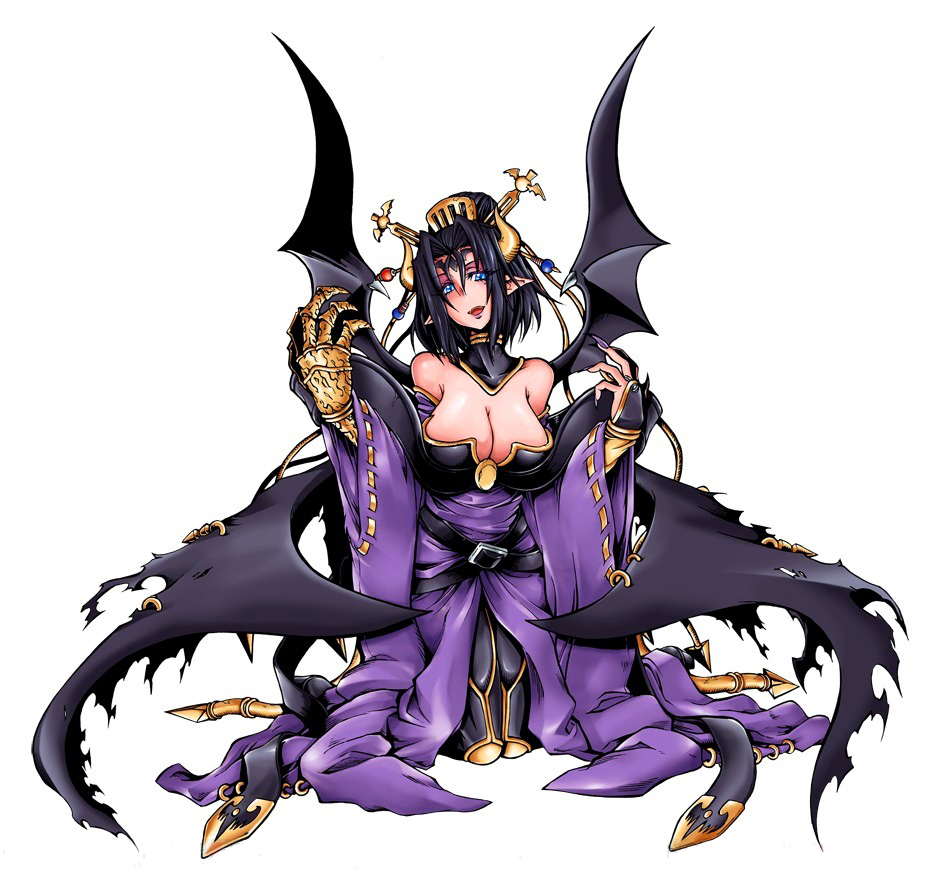 1girl bandai bare_shoulders bat bat_(symbol) bat_wings black_hair black_wings blue_eyes breasts bridal_gauntlets bustier claws demon_girl detached_collar detached_sleeves digimon digimon_crusader eyeshadow facial_mark female hair_bun hair_ornament horn kneeling large_breasts lilithmon lipstick makeup multiple_wings nail_polish official_art open_mouth pointy_ears seven_great_demon_lords sharp_nails shawl simple_background skirt smile solo succubus tattoo thigh-highs white_background wings