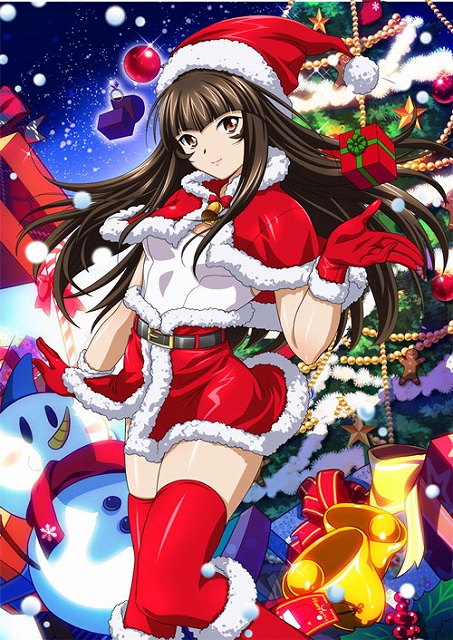 00s 1girl brown_hair christmas costume female ikkitousen legs long_hair shiny shiny_clothes ten'i_(ikkitousen)