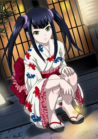 00s 1girl black_hair feet female ikkitousen japanese_clothes kimono long_hair lowres official_art saji_genpou_(true) toes twintails