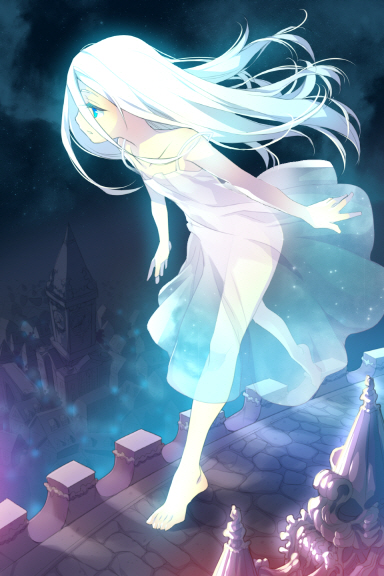 barefoot blue_eyes c.seryl castle character_request dress ethereal floating glowing long_hair night pale_skin rooftop see-through_dress sword_girls transparent_clothes white_dress white_hair