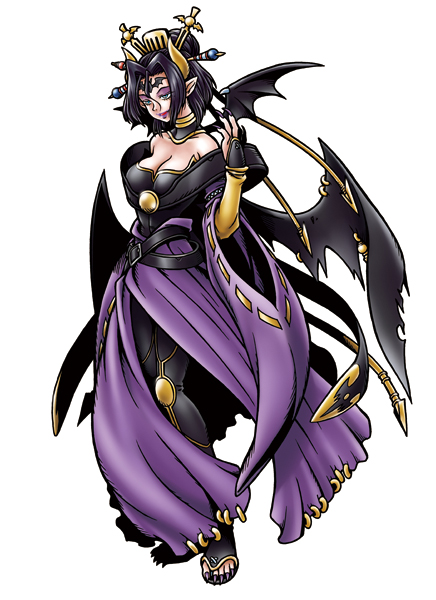 1girl bandai bare_shoulders bat_(symbol) bat_wings belt black_hair black_wings breasts bridal_gauntlets bustier cleavage demon_girl detached_collar detached_sleeves digimon digimon_world_re:digitize eyeshadow facial_mark female hair_bun hair_ornament horns huge_breasts lilithmon lipstick makeup multiple_wings nail_polish official_art official_artwork pointy_ears seven_great_demon_lords sharp_nails shawl simple_background succubus tattoo thigh-highs white_background wings