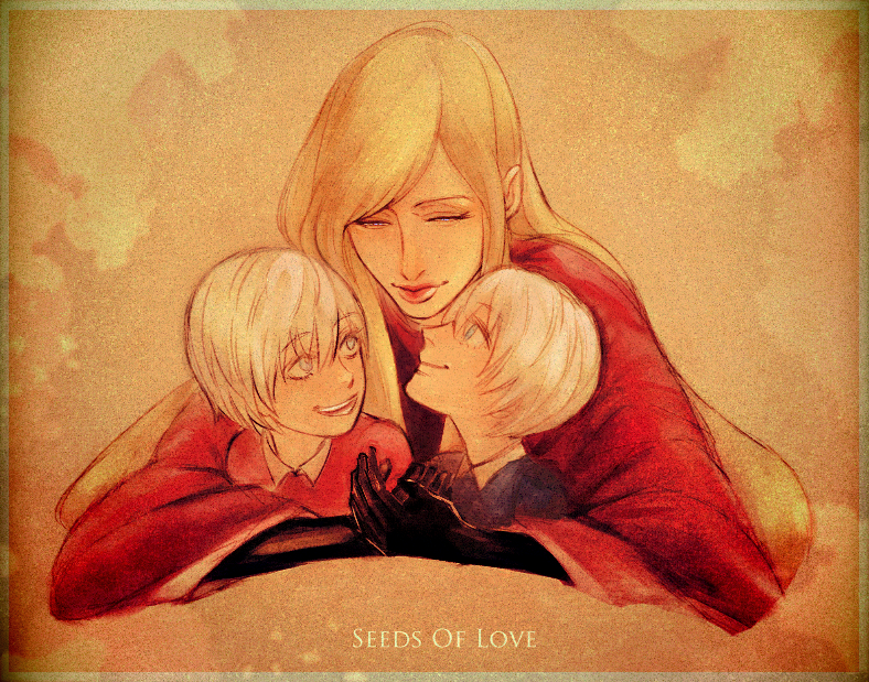1girl 2boys blonde_hair brothers capcom dante_(devil_may_cry) devil_may_cry eva_(devil_may_cry) family happy mother's_day mother_and_son multiple_boys siblings twins vergil white_hair