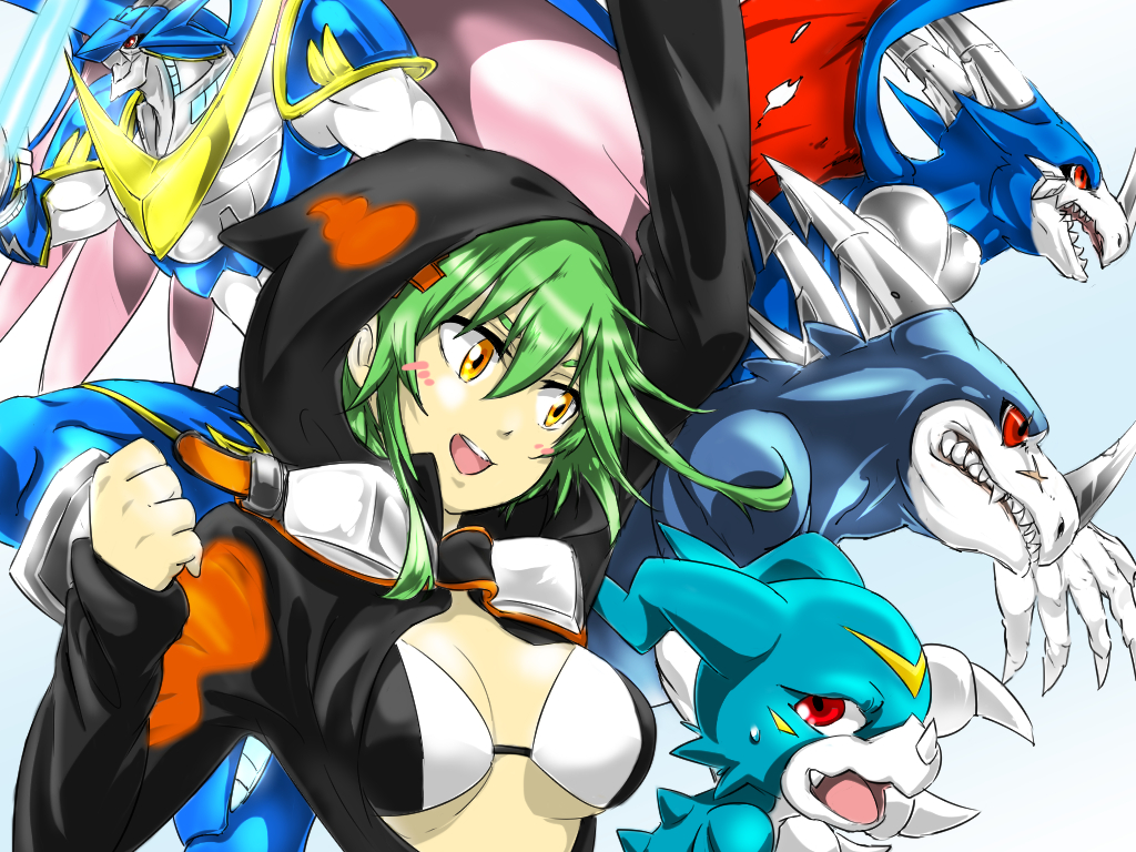 1girl aeroveedramon armor bike_shorts bikini bikini_top black_jacket blue_armor breasts digimon dragon dragon_wings energy_sword female full_armor goggles goggles_around_neck green_hair horns jacket monster orange_eyes shinomiya_rina short_hair smile swimsuit sword ulforceveedramon under_boob unzipped veedramon veemon weapon wings