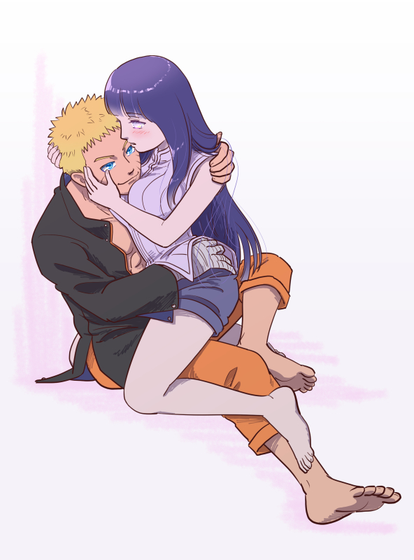 1boy 1girl barefoot blonde_hair couple hime_cut hyuuga_hinata naruto naruto:_the_last open_clothes open_shirt purple_hair risuo shirt short_shorts shorts sitting sitting_on_lap sitting_on_person uzumaki_naruto