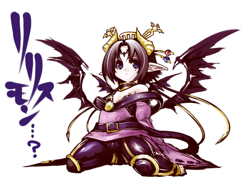 1girl bandai bat_(symbol) bat_wings black_hair blue_eyes breasts claws cleavage corset demon_girl detached_collar detached_sleeves digimon eyeshadow facial_mark female forehead_mark hair_bun hair_ornament horns legs lilithmon lipstick makeup mole multiple_wings pointy_ears seven_great_demon_lords shawl simple_background solo succubus tattoo white_background wings younger