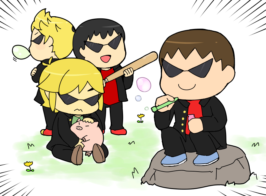 4boys banchou baseball_bat black_hair blonde_hair brown_hair bubblegum delinquent doubutsu_no_mori flower grass kasugai_(de-tteiu) lucas mother_(game) mother_2 mother_3 multiple_boys ness nintendo open_mouth outdoors short_hair sitting smile suit sunglasses super_smash_bros. the_legend_of_zelda the_legend_of_zelda:_the_wind_waker toon_link villager_(doubutsu_no_mori)