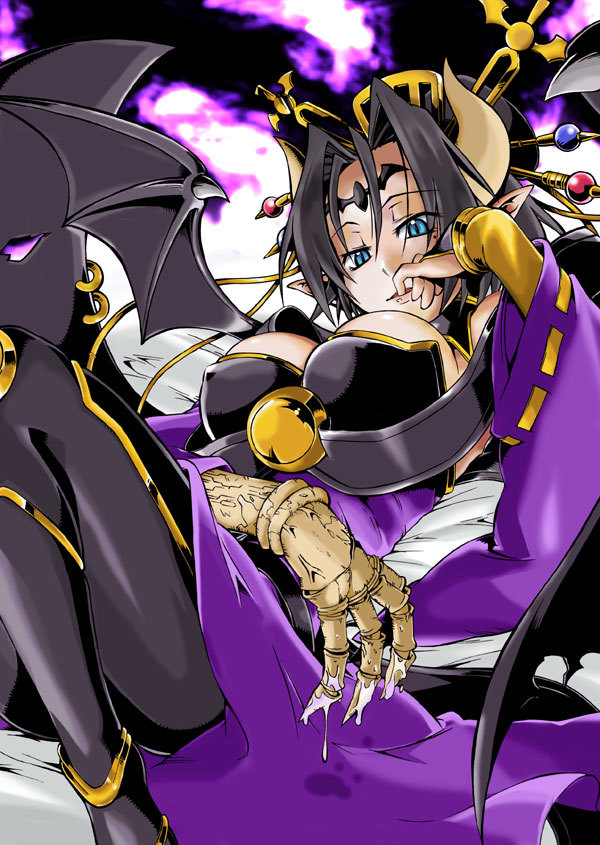 1girl abstract_background bat_(symbol) bat_wings black_hair blue_eyes breasts bridal_gauntlets bustier claws cleavage demon_girl detached_collar detached_sleeves digimon facial_mark female finger_in_mouth forehead_mark hair_bun hair_ornament horns kin knees_together legs lilithmon lipstick lying makeup monster multiple_wings pointy_ears seven_great_demon_lords shawl smile solo succubus tattoo thigh-highs wings