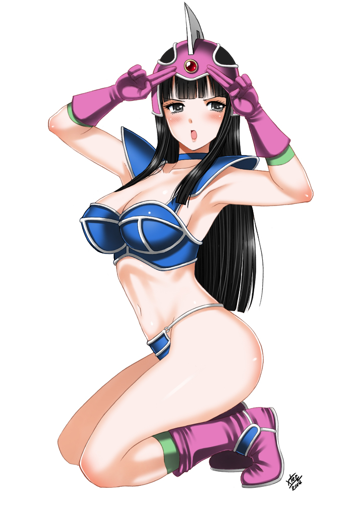 1girl armor armpits arms_up ass bare_legs bikini_armor black_eyes black_hair blush boots breasts chi-chi_(dragon_ball) cleavage dragon_ball female full_body gloves helmet hime_cut kneeling large_breasts long_hair looking_at_viewer midriff navel open_mouth pose purple_gloves solo xtermination
