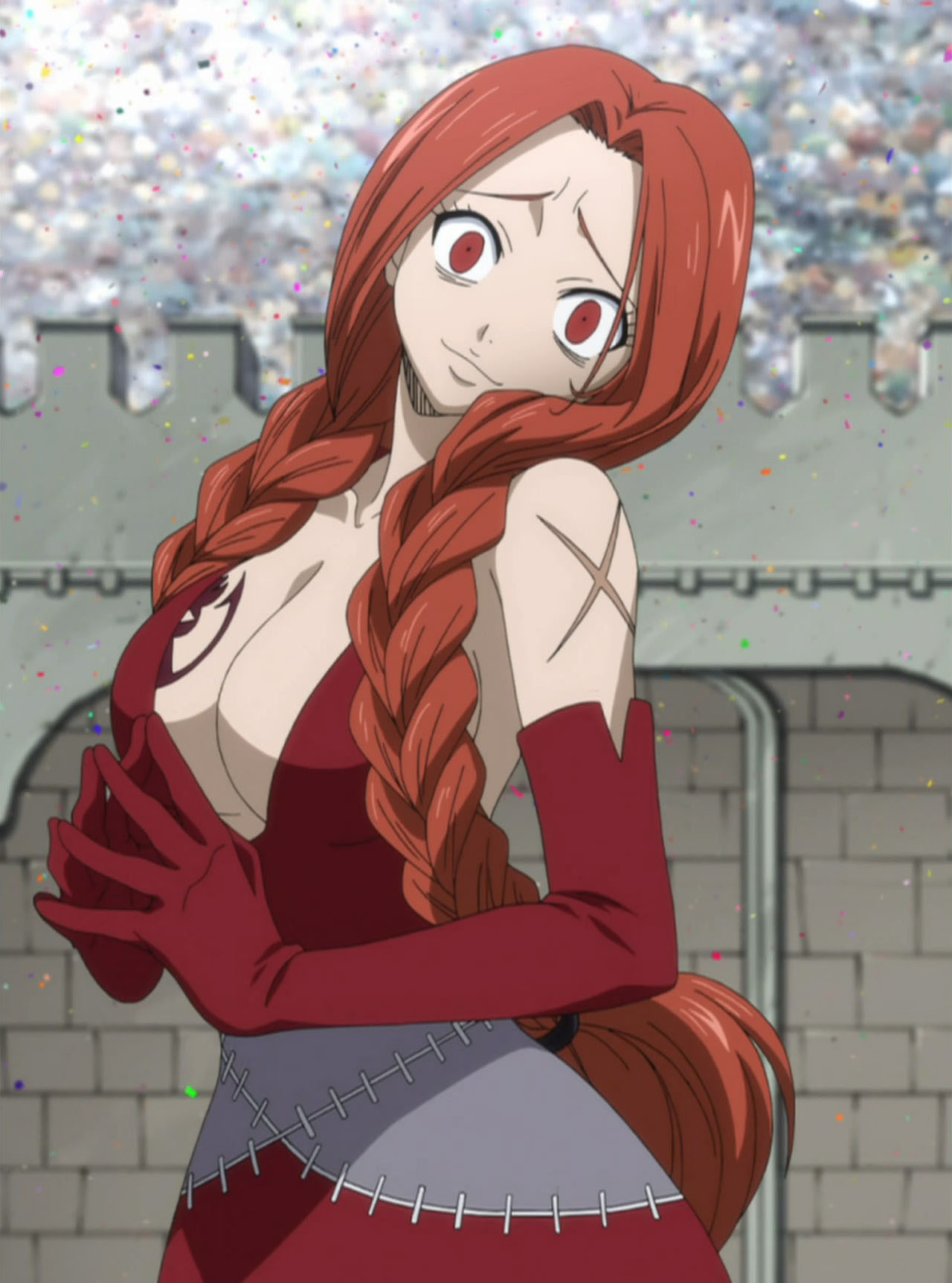 1girl breasts elbow_gloves fairy_tail flare_corona gloves red_eyes redhead scar screencap solo stitched tattoo tattooed_breast