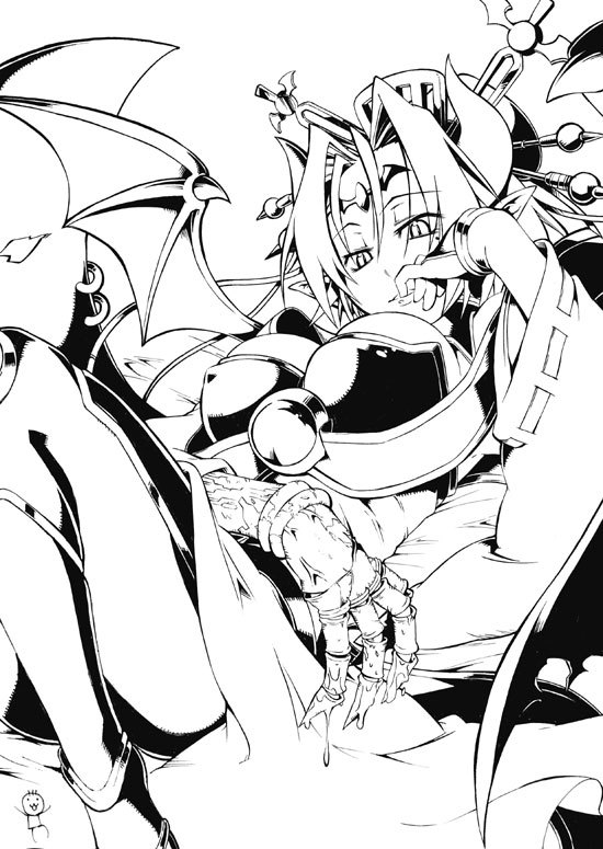 1girl bat bat_(symbol) bat_wings black_hair breasts bridal_gauntlets bustier claws cleavage demon_girl detached_collar detached_sleeves digimon facial_mark female finger_in_mouth forehead_mark hair_bun hair_ornament lilithmon lipstick lying makeup monochrome monster multiple_wings pointy_ears seven_great_demon_lords shawl smile solo succubus tattoo thigh-highs wings