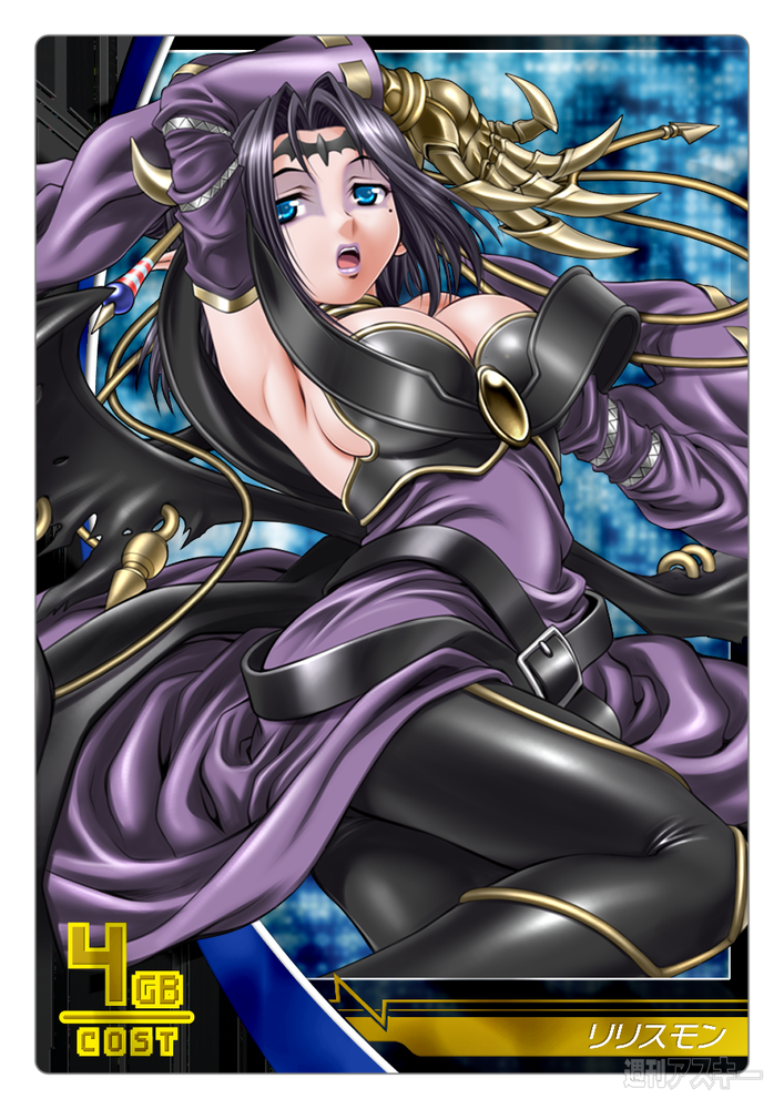 1girl arm_behind_head armpits arms_up bat_(symbol) belt black_hair black_wings blue_eyes breasts bridal_gauntlets bustier card card_game claws cleavage demon_girl detached_collar detached_sleeves digimon digimon_jintrix eyeshadow facial_mark female forehead_mark hair_bun hair_ornament large_breasts leggings lilithmon lips lipstick long_hair looking_to_the_side makeup mole multiple_wings open_mouth pointy_ears seven_great_demon_lords shawl skin_tight succubus tattoo wings