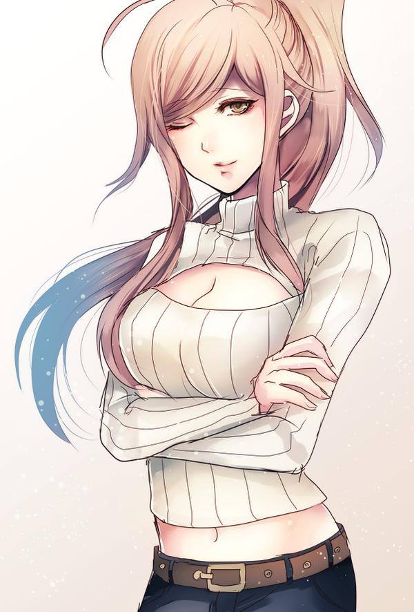 1girl belt breasts brown_eyes brown_hair character_request cleavage crossed_arms female jpeg_artifacts md5_mismatch navel one_eye_closed open-chest_sweater resized ribbed_sweater smile solo sweater wink z-epto_(chat-noir86)
