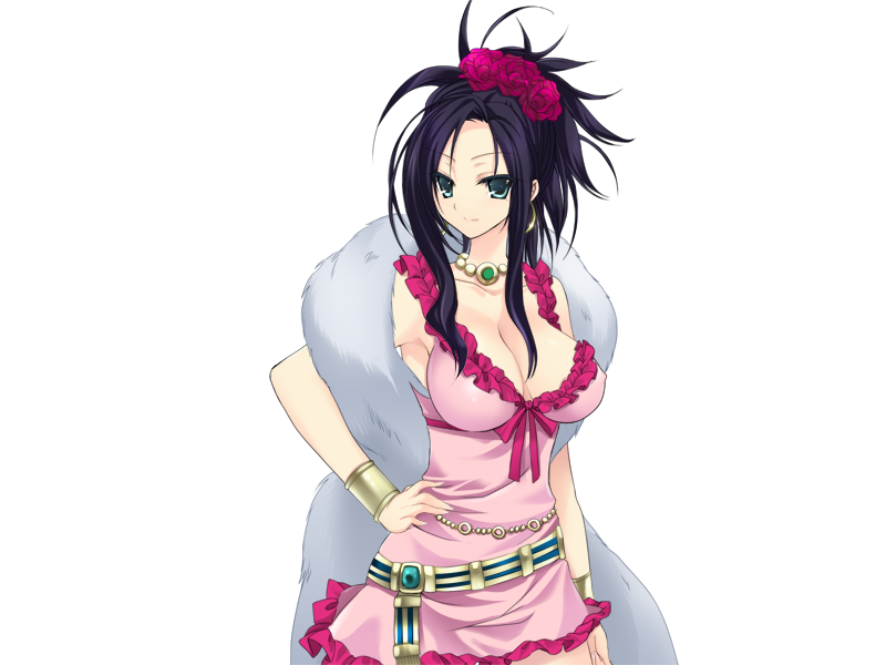 1girl belt black_hair breasts cleavage deborah dragon_quest dragon_quest_v dress female flower green_eyes hand_on_hip kumatora_tatsumi large_breasts legs long_hair looking_at_viewer rose simple_background smile solo standing thighs white_background