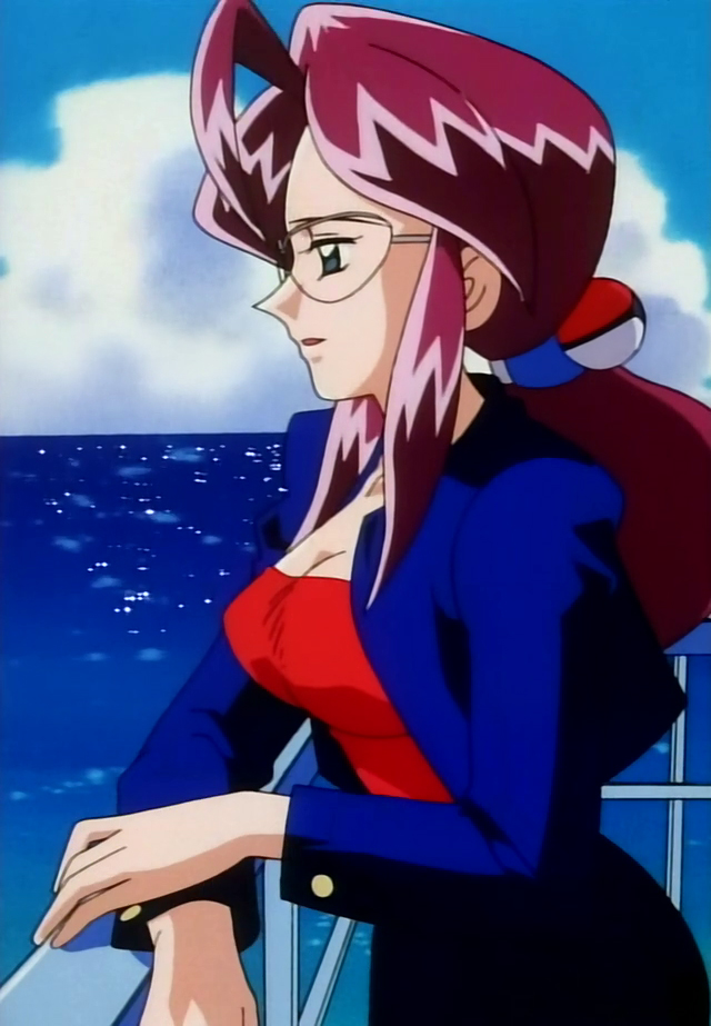 1girl arm_support blue_eyes breasts cleavage clouds elite_four female glasses hair_ornament jacket kanna_(pokemon) large_breasts long_hair nintendo ocean open_mouth poke_ball_hair_ornament pokemon pokemon_(anime) ponytail purple_hair screencap shiny shiny_hair sky solo stitched strapless water