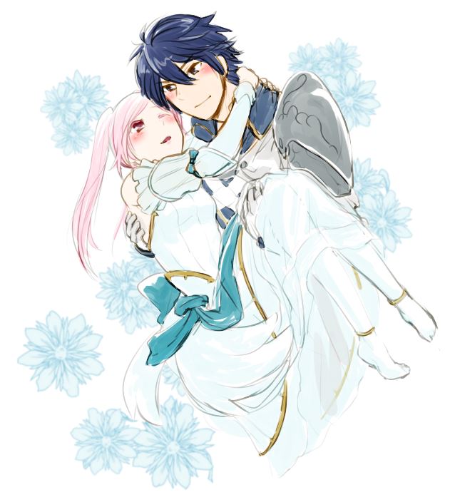 1boy 1girl alternate_costume artist_request blue_hair carrying dress fire_emblem fire_emblem:_kakusei husband_and_wife krom my_unit my_unit_(fire_emblem:_kakusei) pink_hair princess_carry wedding_dress