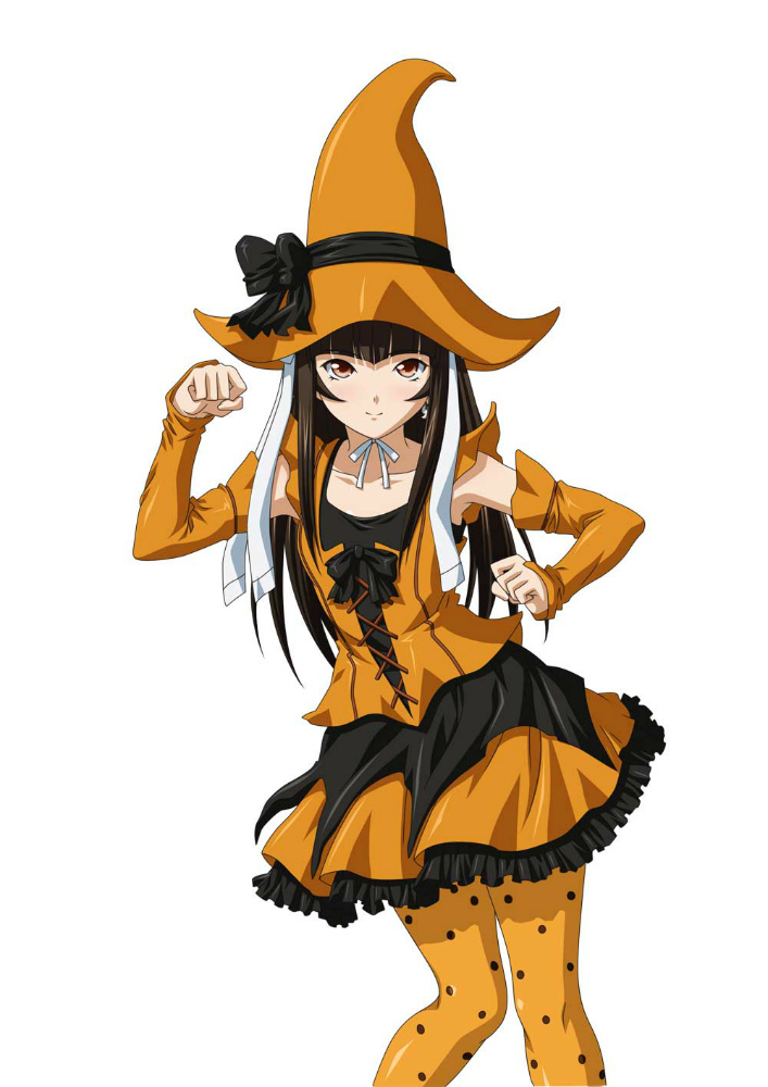 00s 1girl brown_hair costume female hat ikkitousen legs long_hair shiny shiny_clothes solo ten'i_(ikkitousen) witch
