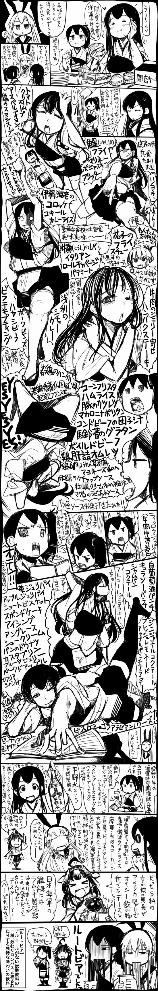 4girls absurdres akagi_(kantai_collection) comic commentary_request eating food greyscale highres kaga_(kantai_collection) kantai_collection kongou_(kantai_collection) long_image monochrome multiple_girls muneate one_eye_closed pose pouring sakazaki_freddy shimakaze_(kantai_collection) tall_image translation_request vomiting