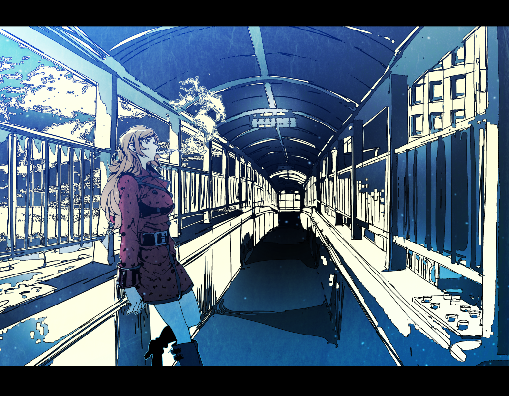 1girl boots cigarette female hallway long_hair lupin_iii mine_fujiko s_tanly smoking solo tagme