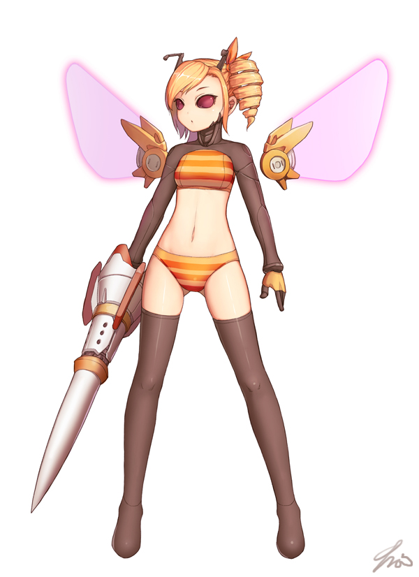 1girl bee bee_girl black_legwear black_thighhighs blonde_hair female gloves holding holding_weapon insect_girl long_sleeves midriff mr._yvk navel no_pupils original panties red_eyes solo striped striped_panties thigh-highs underwear weapon white_background wings