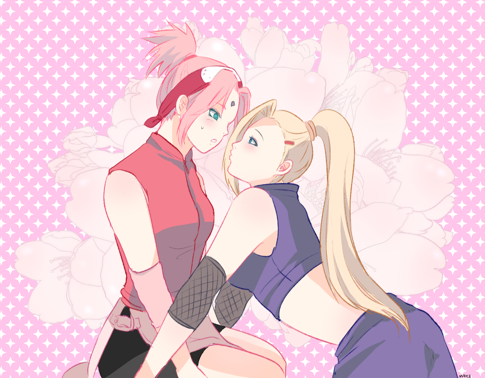 2girls alternate_hairstyle arm artist_request bent_over bike_shorts blonde_hair blue_eyes blush couple eye_contact facial_mark female floral_background flower forehead_mark forehead_protector friends green_eyes hair_ornament hair_over_one_eye hairband hairclip haruno_sakura incipient_kiss long_hair looking_at_another midriff multiple_girls naruto naruto_shippuuden o3o pink_background pink_hair ponytail short_hair shorts sitting skirt sleeveless sparkle sparkle_background sweatdrop topknot yamanaka_ino yuri