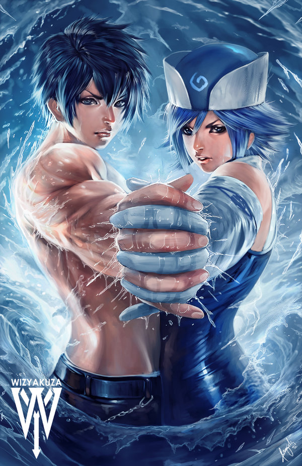 1boy 1girl black_hair blue_hair ceasar_ian_muyuela couple elbow_gloves fairy_tail gloves gray_fullbuster hand_holding juvia_loxar looking_at_viewer shirtless water wet white_gloves