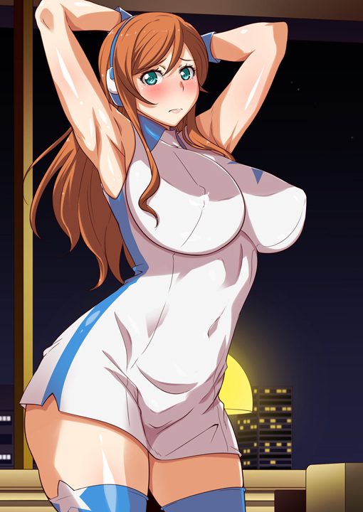 1girl aqua_eyes armpits arms_behind_head arms_up blush breasts covered_navel curvy erect_nipples female gundam gundam_build_fighters gundam_build_fighters_try kamiki_mirai kunifuto large_breasts long_hair looking_at_viewer orange_hair solo thigh-highs wide_hips