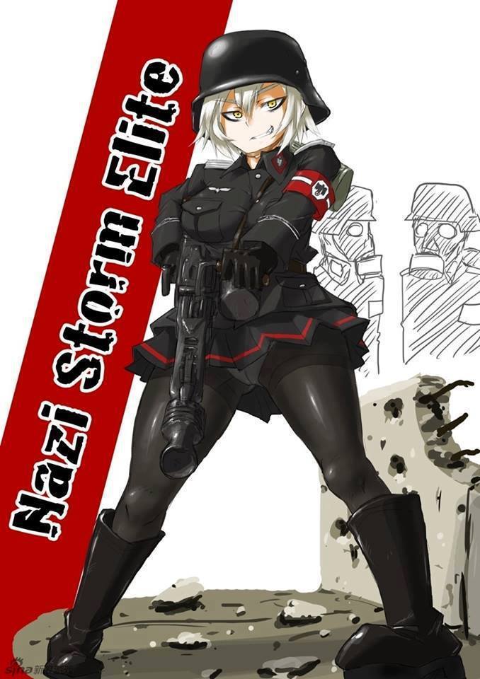 1girl 2boys armband artist_request boots breasts character_request gas_mask grin gun helmet machine_gun medal_of_honor_airborne mg42 multiple_boys nazi nazi_storm_elite smile weapon white_hair yellow_eyes