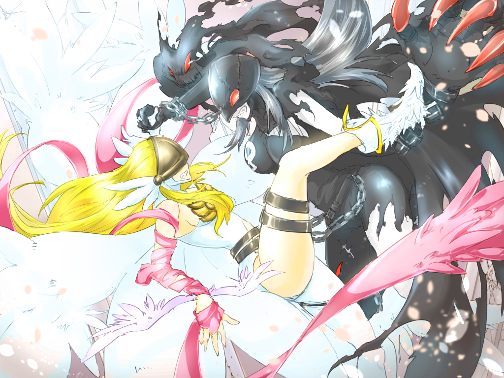 2girls angel angel_and_devil angel_wings angewomon artist_request ass bare_shoulders belt blonde_hair boots breast_press breastplate breasts catsuit chains claws cleavage demon_girl digimon digimon_adventure elbow_gloves female gloves helmet high_heel_boots high_heels kneeling ladydevimon large_breasts lips long_hair mask multiple_girls multiple_wings navel_cutout pale_skin red_eyes ribbon seal shoes silver_hair single_elbow_glove single_glove skin_tight skull torn_clothes tower very_long_hair visor white_hair wings