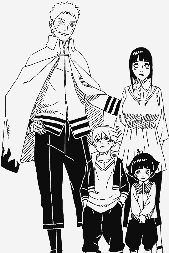 2boys 2girls ahoge black_&amp;_white cape family hand_on_hip hands_in_pockets hyuuga_hinata kishimoto_masashi looking_at_viewer multiple_boys multiple_girls naruto official_art uzumaki_boruto uzumaki_himawari uzumaki_naruto whiskers