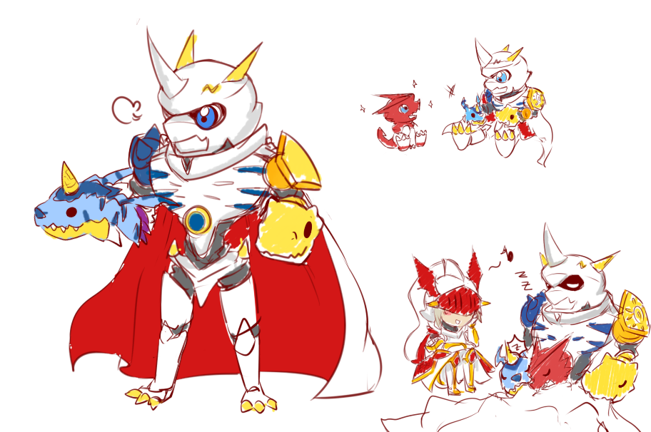 1girl agumon armor cape chibi digimon dukemon full_armor gabumon genderswap horns monster multiple_boys musical_note omegamon parody royal_knights shoutmon sleeping solo zzz