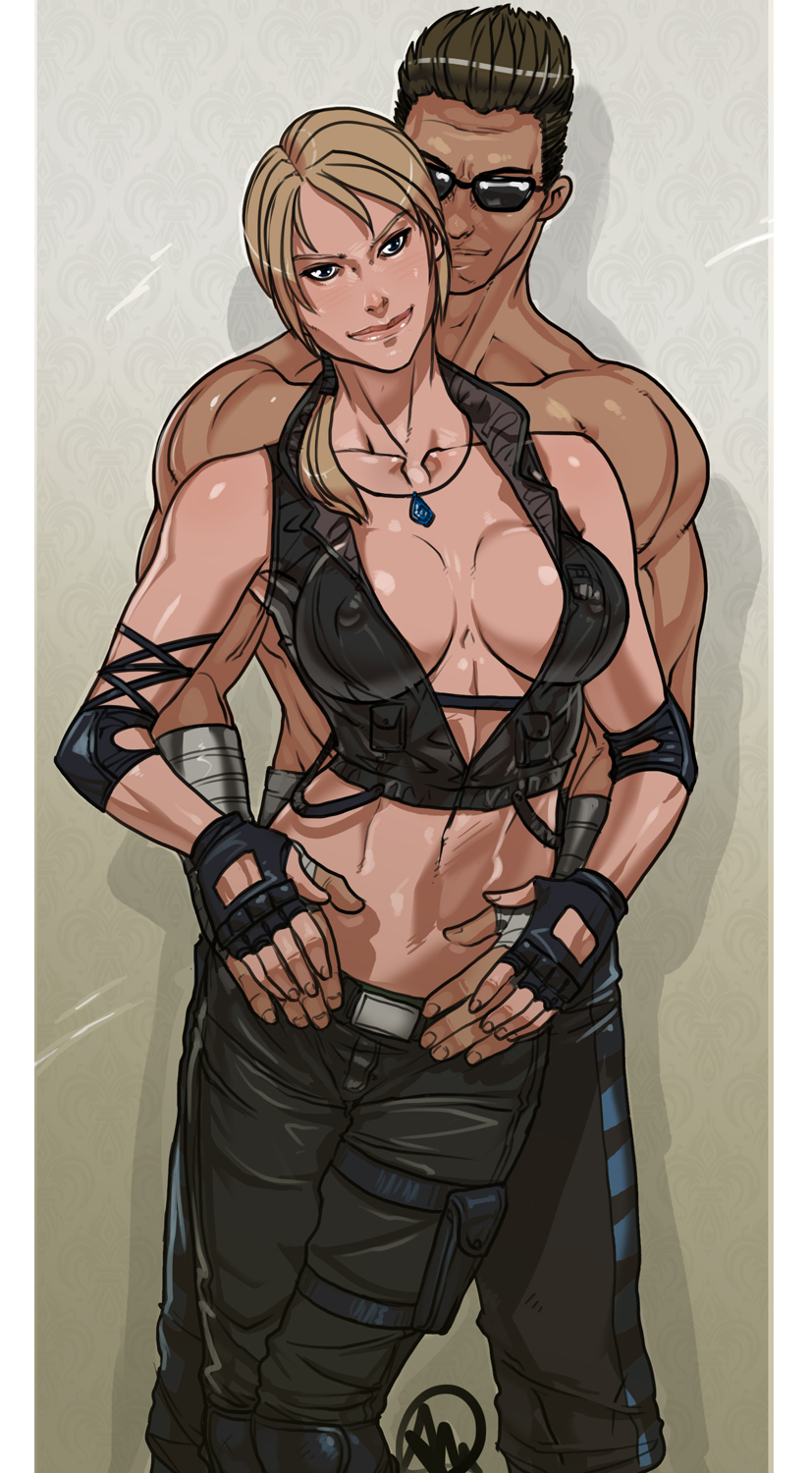 1boy 1girl athletic_female blonde_hair breasts cleavage elbow_pads erect_nipples female_abs fingerless_gloves fit_female ganassa gloves johnny_cage midriff midway_(company) mortal_kombat mortal_kombat_4 mortal_kombat_armageddon mortal_kombat_deadly_alliance mortal_kombat_deception mortal_kombat_ii mortal_kombat_trilogy navel shirtless sonya_blade sunglasses toned ultimate_mortal_kombat_3 wrist_wraps