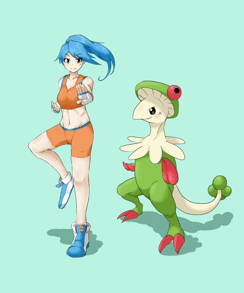 10s abs battle_girl_(pokemon) blue_hair breloom exposed_midriff fighting_stance legs midriff npc_trainer pokemon pokemon_(game) pokemon_oras ponytail standing_on_one_leg