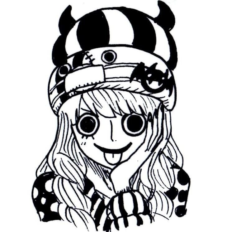 1girl :b animal_hat beanie hand_on_own_face hat monochrome one_piece outline perona polka_dot solo surgical_mask tongue