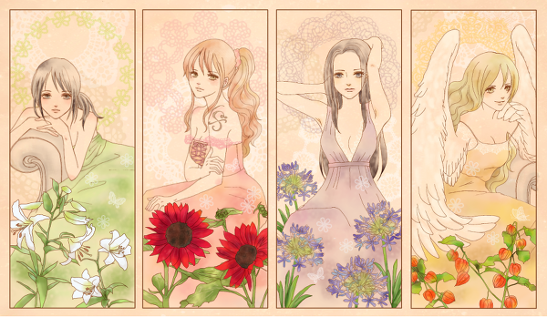 4girls allium art_nouveau black_hair boa_hancock border chinese_lantern couch dress easter_lily feathered_wings female flower formal green_dress green_hair harpy leaning lily_(flower) monet_(one_piece) monster_girl multiple_girls nami_(one_piece) nico_robin off_shoulder one_piece orange_dress orange_hair pink_dress plant ponytail print_dress purple_dress sitting strapless sunflower tattoo tomatillo wings