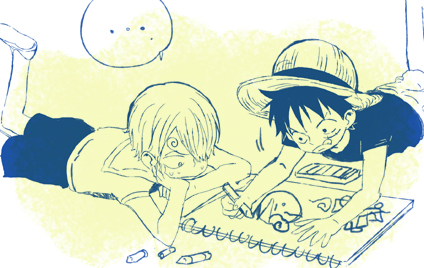 ... 2boys drawing hair_over_one_eye hat lowres male_focus monkey_d_luffy monochrome multiple_boys one_piece pencil sanji sketchpad straw_hat younger