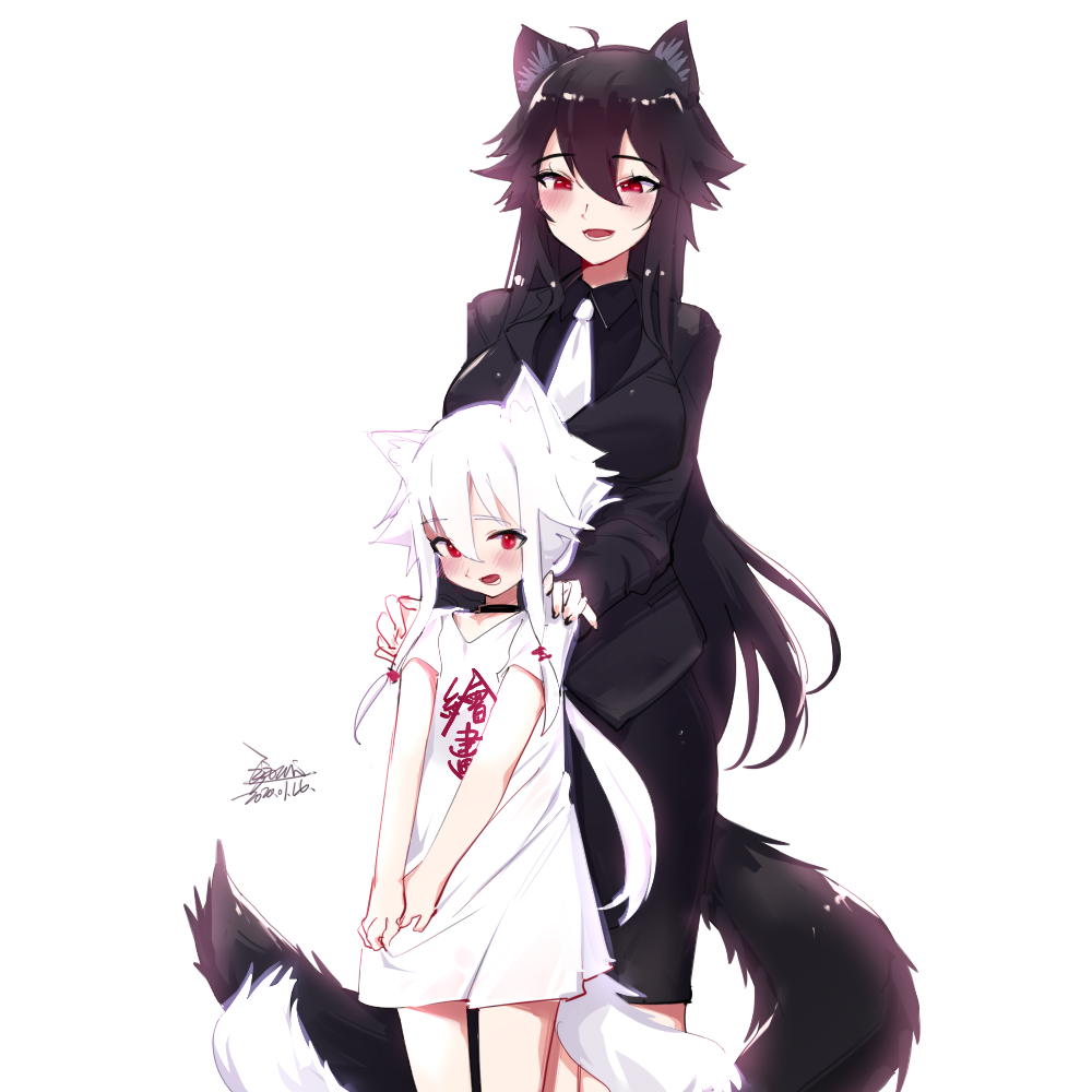 2girls animal_ears black_hair breasts child ejami ekko_(ejami) flat_chest fox_ears fox_girl fox_tail long_hair long_sleeves multiple_girls naked_shirt older original red_eyes shirt short_sleeves suit_jacket tail white_hair white_shirt