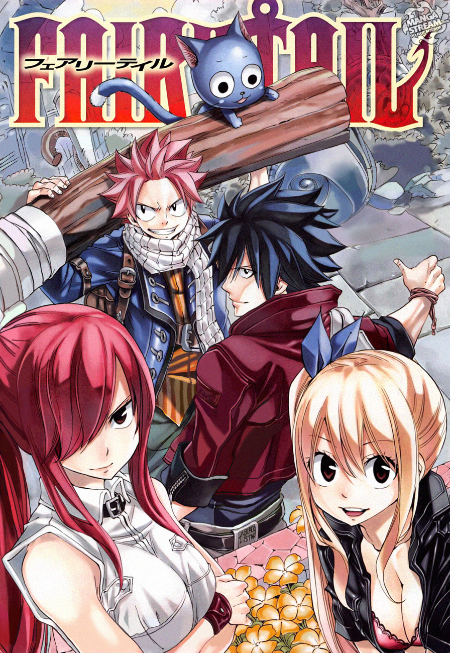 2boys 2girls backpack bag black_hair blonde_hair breasts cat cleavage crossed_arms erza_scarlet fairy_tail gray_fullbuster hair_over_one_eye happy_(fairy_tail) jacket logo looking_at_viewer lucy_heartfilia mashima_hiro multiple_boys multiple_girls natsu_dragneel official_art pink_hair redhead scarf sleeveless spiky_hair wood wristband