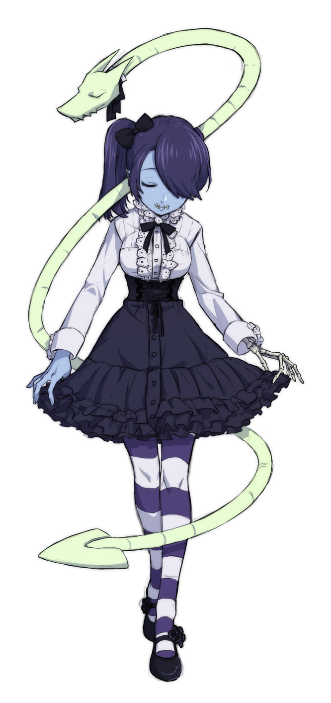 1girl blue_skin breasts closed_eyes dress ganno hair_over_one_eye leviathan_(skullgirls) lolita_fashion ribbon shoes short_hair side_ponytail skullgirls squigly_(skullgirls) stitched_mouth transparent_background zombie