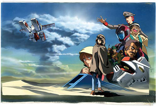 3boys 3girls amuro_ray bandage clamp_(gundam) cloak clouds crowley_hamon dark_skin dark_skinned_male desert frau_bow gundam hat helmet kawamoto_toshihiro lowres matilda_ajan mecha mobile_suit_gundam multiple_boys multiple_girls mustache official_art outdoors ramba_ral redhead rx-78-2 ryu_jose sand sky tagme white_base