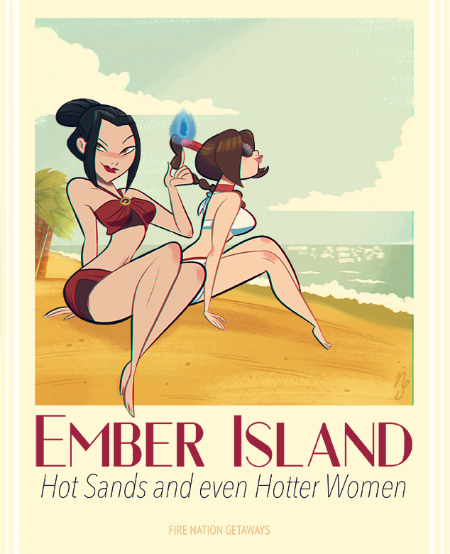 2girls avatar:_the_last_airbender azula bangs beach bikini black_hair blue_fire braid brown_hair clouds female fire hair_bun hair_up legs_together lipstick long_hair looking_at_viewer makeup midriff multiple_girls navel nick_swift ocean outdoors palm_tree poster red_lipstick sand short_hair single_braid sky stylized swimsuit tree ty_lee