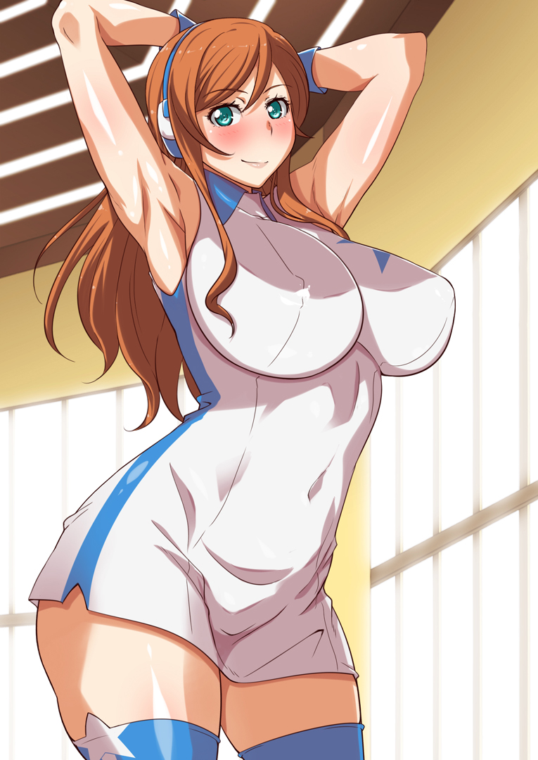 1girl armpits arms_behind_head arms_up bare_shoulders blush breasts curvy dress gloves green_eyes gundam gundam_build_fighters gundam_build_fighters_try headphones huge_breasts kamiki_mirai kunifuto legs long_hair looking_at_viewer orange_hair smile solo standing thighs wide_hips