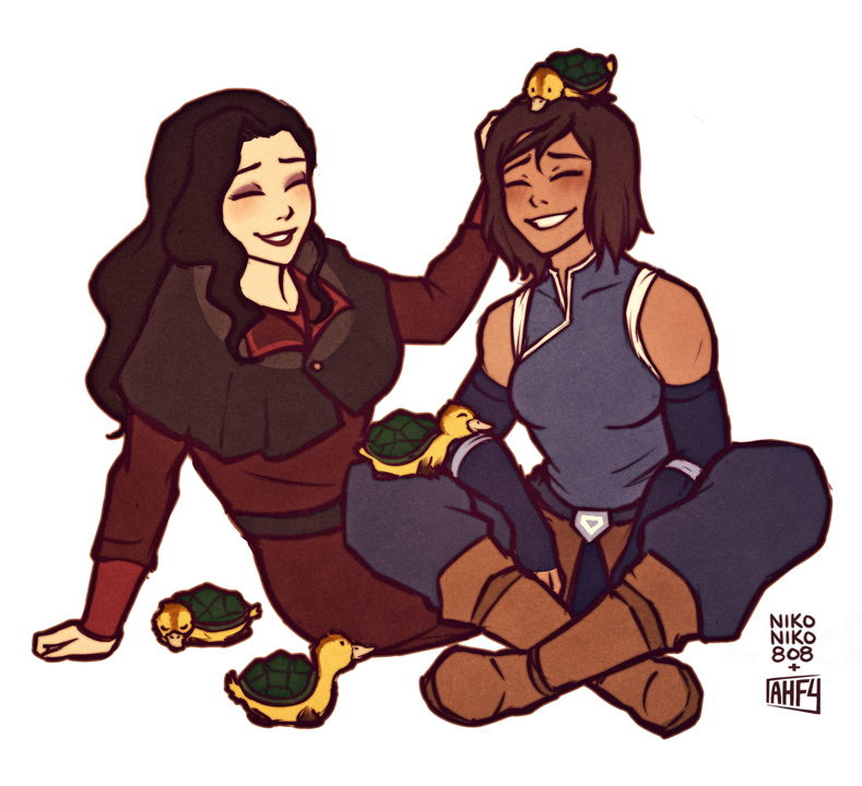 2girls animal artist_name asami_sato avatar:_the_last_airbender boots closed_eyes collaboration couple curly_hair dark_skin eyeshadow iahfy korra legs_crossed long_hair makeup multiple_girls nikoniko808 short_hair sitting sleeveless smile the_legend_of_korra