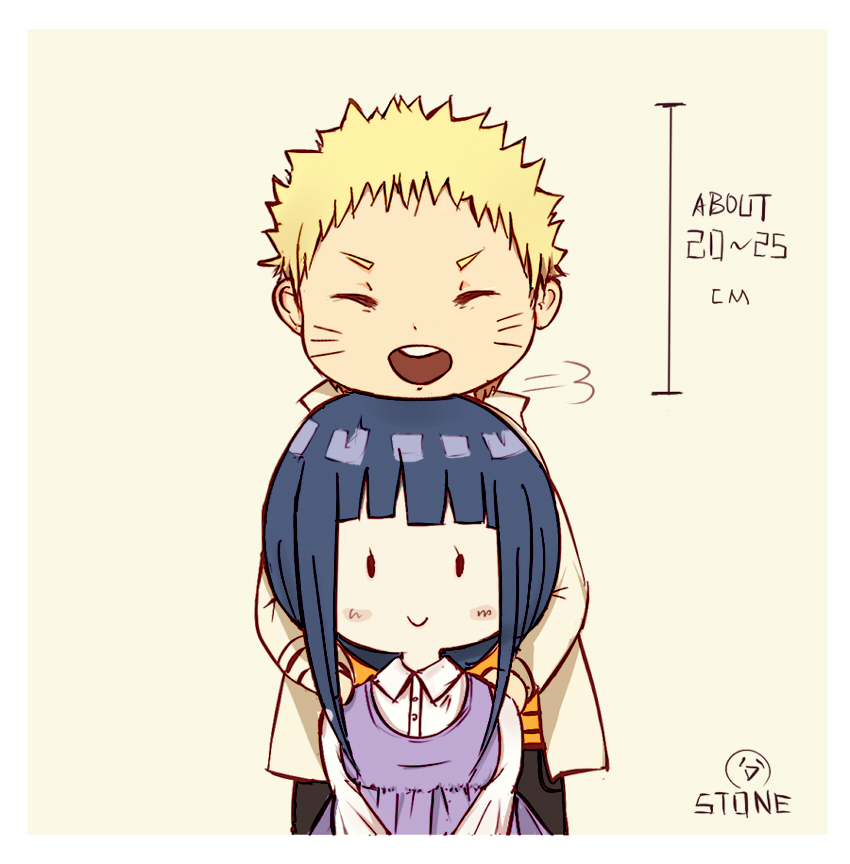 1boy 1girl chibi hands_on_shoulders happy head_rest hime_cut hug hug_from_behind husband_and_wife hyuuga_hinata low_ponytail naruto purple_hair size_difference spiky_hair stone11211 uzumaki_naruto whiskers