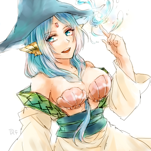 1girl artist_request blue_eyes blue_hair breasts conch_shell hat large_breasts long_hair magi_the_labyrinth_of_magic magic seashell_bra water yamuraiha