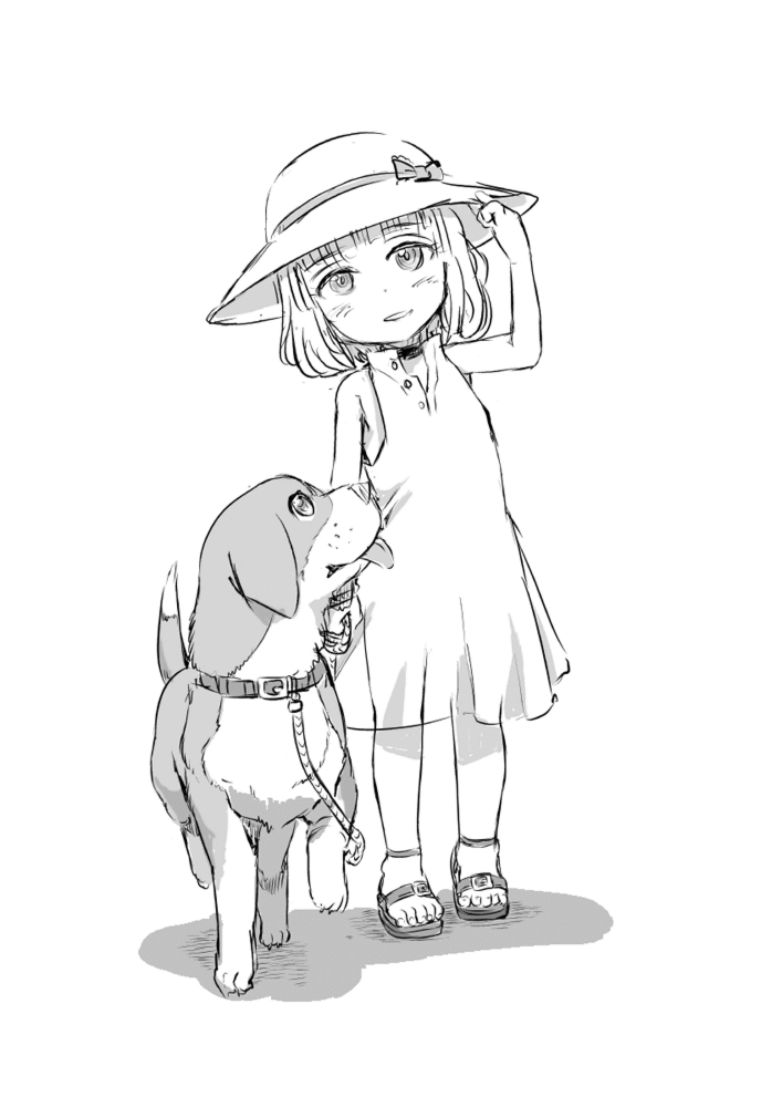 1girl beagle blush child collar dog hat ike_(altitude_attitude) looking_at_viewer monochrome original sandals short_hair simple_background solo white_background