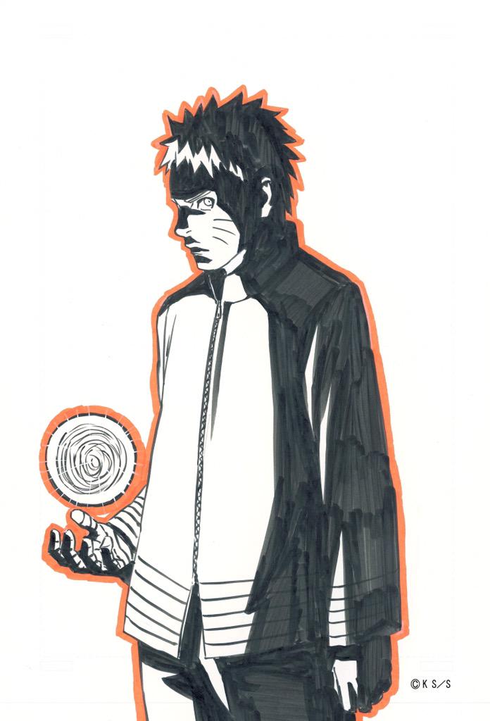 1boy kishimoto_masashi looking_at_viewer monochrome naruto official_art rasengan solo spiky_hair standing uzumaki_naruto whiskers