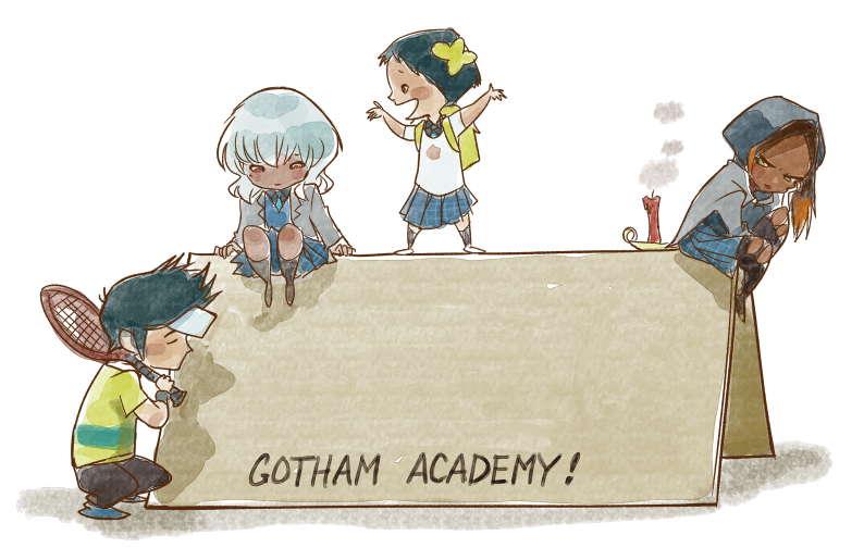 1boy 3girls backpack bag batman_(series) black_hair blazer brother_and_sister brown_hair candle chibi chin_rest copyright_name dark_skin dc_comics gotham_academy hood kyle_mizoguchi maps_mizoguchi multiple_girls necktie olive_silverlock pantyhose placard plaid plaid_skirt pomeline_fritch purple_hair red_eyes school_uniform shirt short_hair siblings sign sitting skirt sweater_vest t-shirt tennis_racket torn_pantyhose visor