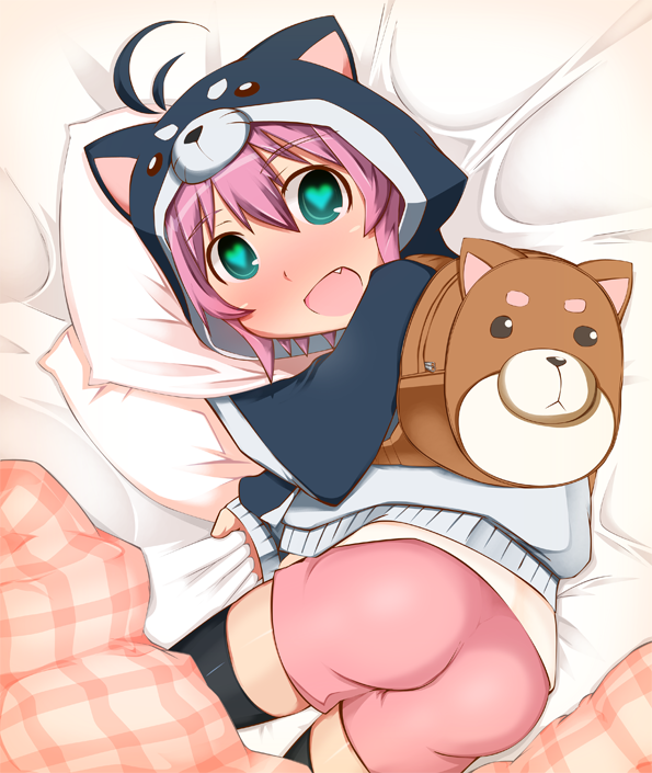 1girl animal_hood ass backpack bag bandai battle_spirits battle_spirits:_burning_soul bed bed_sheet black_thighhighs blush child fang green_eyes heart heart-shaped_pupils hood kuroda_kanna looking_at_viewer open_mouth pillow pink_hair sheet_grab shiny shiny_clothes short_hair shorts solo surprised symbol-shaped_pupils takeya_(tanuki) thigh-highs